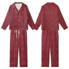 Women's Pure Silk Sleep Set: Burgundy & Crimson Geometric Lattice Loungewear Kid Satin Pajamas Set