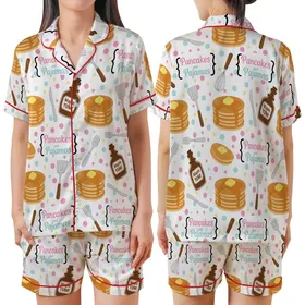 Pancakes & Pyjamas Party Sleepwear: Whimsical Golden Pancake Confetti Pattern Set Satin Short-Sleeve Pajamas Set