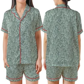 Women's Botanical Sage Flow Loungewear Set - Soft Modal, Loose Sleeves, Internal Pockets Satin Short-Sleeve Pajamas Set
