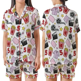 Girls Movie Night Pajamas: Popcorn & PJs Birthday Slumber Set Satin Short-Sleeve Pajamas Set