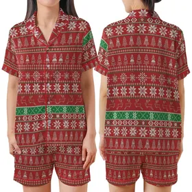 Festive Winter Design: Fair Isle Nordic Reindeer & Snowflake Print - Seamless Holiday Motif Satin Short-Sleeve Pajamas Set