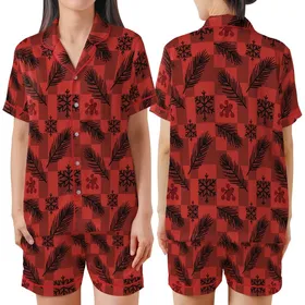 Rustic Lodge Enthusiasts' Bold Red Black Buffalo Plaid Pine Branch Berry Snowflake Flat Graphic Satin Short-Sleeve Pajamas Set