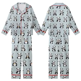 Panda Lovers' Cute Playful Panda Bear Characters Seamless Pattern with Golden Bows on Light Blue-Gray Background Kid Satin Pajamas Set