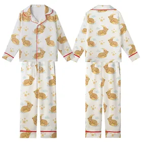 Cozy Dreamers' Creamy Golden Tan Sleeping Teddy Bear Crescent Moon Star Pattern Kid Satin Pajamas Set