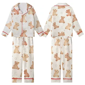 Women's Muslin Crinkle Cotton Sleep Set: Hand-Drawn Teddy Bears, Stars & Moons Kid Satin Pajamas Set