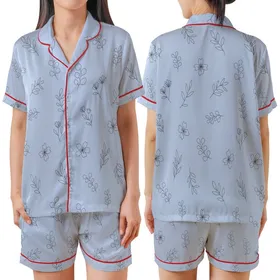 Bridesmaid Delicate Periwinkle Blue Black Single-Line Botanical Art Pattern Satin Short-Sleeve Pajamas Set
