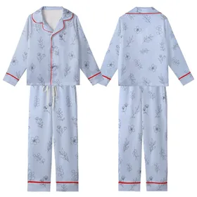 Bridesmaid Delicate Periwinkle Blue Black Single-Line Botanical Art Pattern Kid Satin Pajamas Set