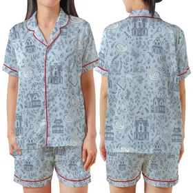 Literary Fan Pride & Prejudice Satin Sleep Set: Regency Houses, Botanical Vines & Whimsical Animals Satin Short-Sleeve Pajamas Set