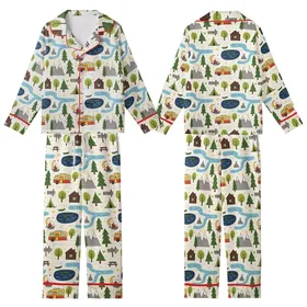 Outdoor Enthusiasts' Whimsical Forest Camping Pattern: Green Pines, Cabins, Campfires, RVs & Mountains on Creamy Off-White Kid Satin Pajamas Set
