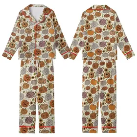 Women's Fall Mom Teacher Wild About Fall Leopard Pumpkin Sunflower Cozy Knit Kid Satin Pajamas Set