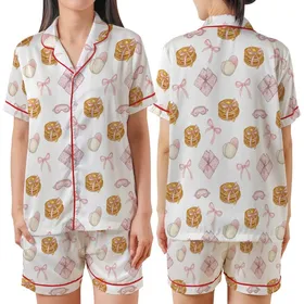 Girls' Watercolor Pancakes & Pink Bow Pajamas Sleep Set Satin Short-Sleeve Pajamas Set