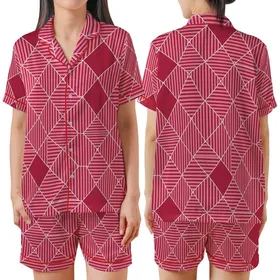 Women's Pink Red Abstract Striped Polygon Pure Cotton Pajamas Satin Short-Sleeve Pajamas Set