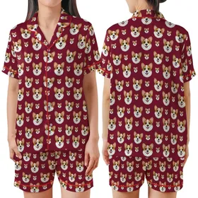 Corgi Lovers' Cheerful Photorealistic Corgi Faces Scattered All-Over Deep Crimson Red Satin Short-Sleeve Pajamas Set