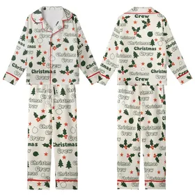 Christmas Crew Retro Groovy Holly Ornament Star Text Pattern Kid Satin Pajamas Set