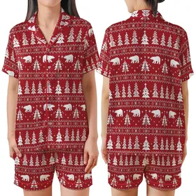 Holiday Lovers' Deep Red White Nordic Fair Isle Polar Bear Fir Tree Snowflake Geometric Pattern Satin Short-Sleeve Pajamas Set