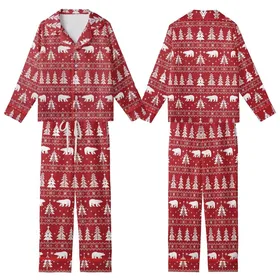 Holiday Lovers' Deep Red White Nordic Fair Isle Polar Bear Fir Tree Snowflake Geometric Pattern Kid Satin Pajamas Set