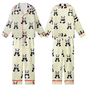 Women's Whimsical Panda & Bamboo Print Creamy Yellow Pure Cotton Pajamas Set Kid Satin Pajamas Set
