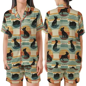 French Bulldog Lover Retro Pajamas: Vintage Frenchie Silhouettes & Muted Sunset Stripe Sleep Set Satin Short-Sleeve Pajamas Set