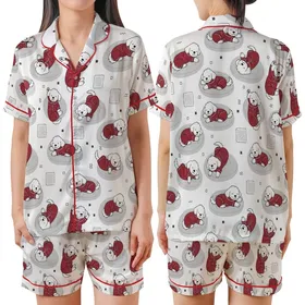 Dogs & Cats Ruby Red Satin Pajamas: Cozy Fluffy Puppy Vector Art Sleep Set Satin Short-Sleeve Pajamas Set