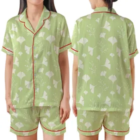 Women's Tailored Organic Cotton Loungewear Set: Abstract Botanical Ginkgo, Lime Green Cream Plus Size Sleepwear Satin Short-Sleeve Pajamas Set