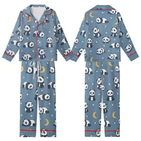 Cozy Panda Print Sleep Set: Whimsical Cartoon Design with Stars & Moons on Blue-Grey Kid Satin Pajamas Set