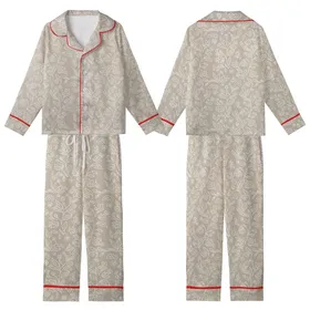 Bridesmaid & Bridal Party White Outline Abstract Floral Print Satin Sleep Set Satin Short-Sleeve Pajamas Set
