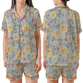 Elegant Floral Pattern: Watercolor Roses, Soft Yellow Pink Blooms, Sage Green Leaves, Dusty Blue Satin Short-Sleeve Pajamas Set