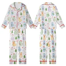 Whimsical Pastel Hippo Pattern: Festive Reindeer & Polar Bear Christmas Art - Unique Wearable Design Kid Satin Pajamas Set