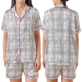 Family & Bridesmaid Rayon Pajamas: Subtle Gingham & Lavender Botanical Sleep Set Satin Short-Sleeve Pajamas Set