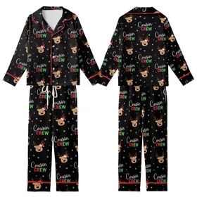 Cousin Crew Festive Graphic: Playful Cartoon Reindeer, Santa Hats & Snowflakes - Black Family Print Kid Satin Pajamas Set