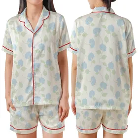 Bridesmaids Hydrangea Floral Notched Collar Rayon Sleep Ensemble - Wedding Party Getting Ready Kid Satin Pajamas Set