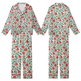 Women's Hand Block Printed Coral Red Bellflower Teal Leaf Pure Cotton Sleepwear Set Kid Satin Pajamas Set