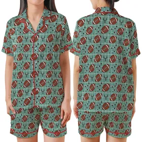 Game Day Enthusiasts' Playful Brown Footballs Muted Teal Grid Star Goalpost Pattern Satin Short-Sleeve Pajamas Set