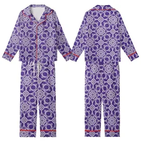 Women's Sophisticated Royal Purple White Dense Repeating Curvilinear Floral Medallion Kid Satin Pajamas Set