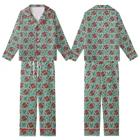 Game Day Enthusiasts' Playful Brown Footballs Muted Teal Grid Star Goalpost Pattern Kid Satin Pajamas Set