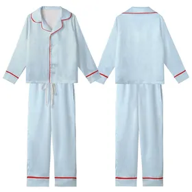 Women's Boho Light Blue White Minimalist Geometric Striped Organic Cotton Pajama Ensemble Kid Satin Pajamas Set