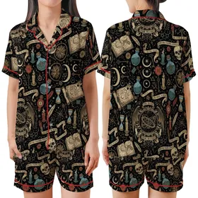Mystical Art Lovers' Dark Academia Grimoire Celestial Astrolabe Bat Wing Aged Gold Parchment Tan Arcane Pattern Satin Short-Sleeve Pajamas Set