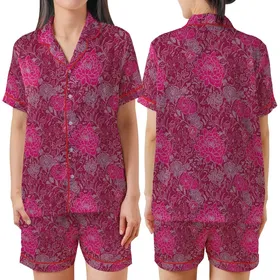 Women's Hand Block Print Fuchsia Floral Peony Rose Cotton Loungewear Set - Indian Inspired Design Satin Short-Sleeve Pajamas Set