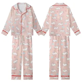 Adults' Soft Pink Blush Bunny & Pastel Floral Cloud Footed Pajama Kid Satin Pajamas Set