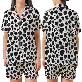 Modern Style Enthusiasts' High Contrast Black Inkblot Organic Abstract Brushstroke Pattern Satin Short-Sleeve Pajamas Set