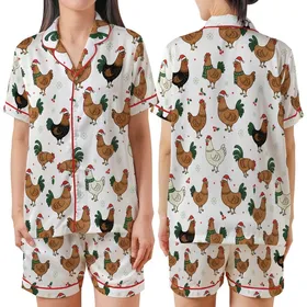 Christmas Enthusiasts' Whimsical Chicken Rooster Red Green Holly Berry Holiday Print Satin Short-Sleeve Pajamas Set