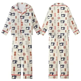 Sewing Enthusiasts' Retro Illustrative Pale Cream Navy Grey Pink Vintage Sewing Machine & Spools Pattern Kid Satin Pajamas Set