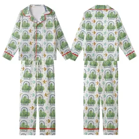 Nature Lovers' Gentle Illustrative Muted Blue-Grey Arched Window Pattern, Green Foliage, Aqua Teal & Ochre Birds Kid Satin Pajamas Set