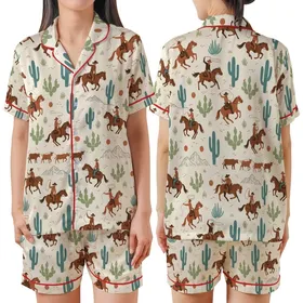 Western Enthusiasts' Rustic Vintage Desert Pattern with Saddle Brown Cowboys Teal Cacti Burnt Orange Suns Satin Short-Sleeve Pajamas Set