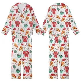 Holiday Pajamas: Whimsical Pizza, Hot Cocoa & Gingerbread Christmas Sleepover Pattern Kid Satin Pajamas Set