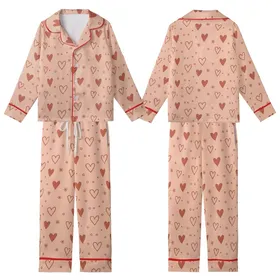 Women's Muted Peach Pink Hearts & Stars Terracotta Print Classic Collar Pajama Set Kid Satin Pajamas Set