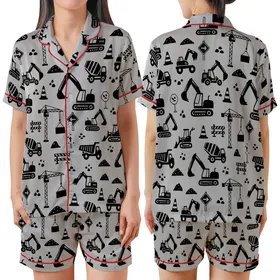 Construction Lover: Dynamic Black Heavy Machinery Pattern - Light Grey Flat Design Motif Satin Short-Sleeve Pajamas Set