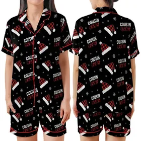 Cousin Crew Holiday Buffalo Plaid Santa Hat Snowflake Sleepwear Satin Short-Sleeve Pajamas Set