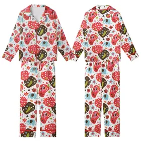 Whimsical Style Lovers' Playful Doodle Elephants, Polka Dot Mushrooms, Flowers Pattern: Red, Brown, Sky Blue, Pink Kid Satin Pajamas Set