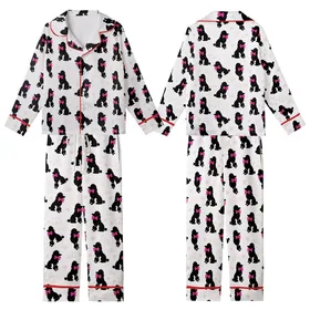 Women's Black Poodle Mama Pajama Pants: Pink Bow Silhouette All-Over Pattern - Soft Brushed Polyester Kid Satin Pajamas Set